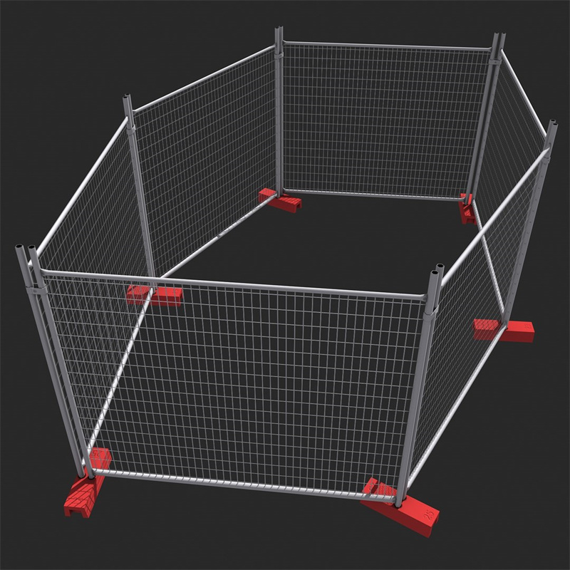 Configuration of multiple temporary fencing panels arranged to form a square enclosure, featuring red supports.