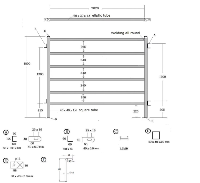 Technical drawing of a cattle panel, showing dimensions and material specifications, including elliptical and square tubing.