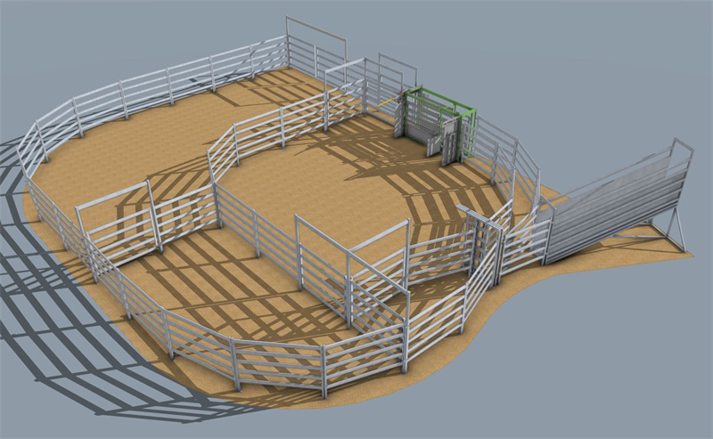 3D-rendered layout of a portable cattle yard system with heavy-duty galvanized panels and gates.