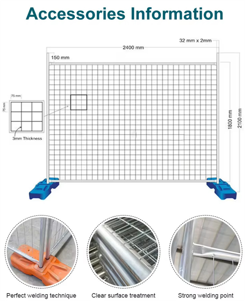 Technical diagram of portable fencing, showcasing dimensions, welding technique, and clear surface treatment.