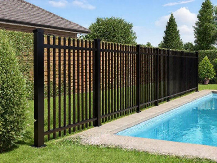 Discover the stylish 4' H x 6' W Flat Top Aluminum Pool Fence Panel, perfect for your outdoor space. Durable and weather-resistant, this satin black fencing option enhances safety while complementing your pool area.