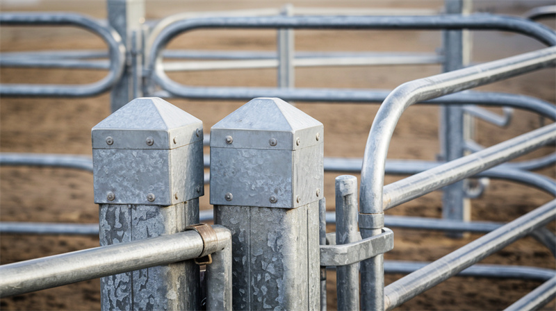 Galvanized metal fence posts and panels close-up, showcasing the sturdy construction and durability of horse fencing.