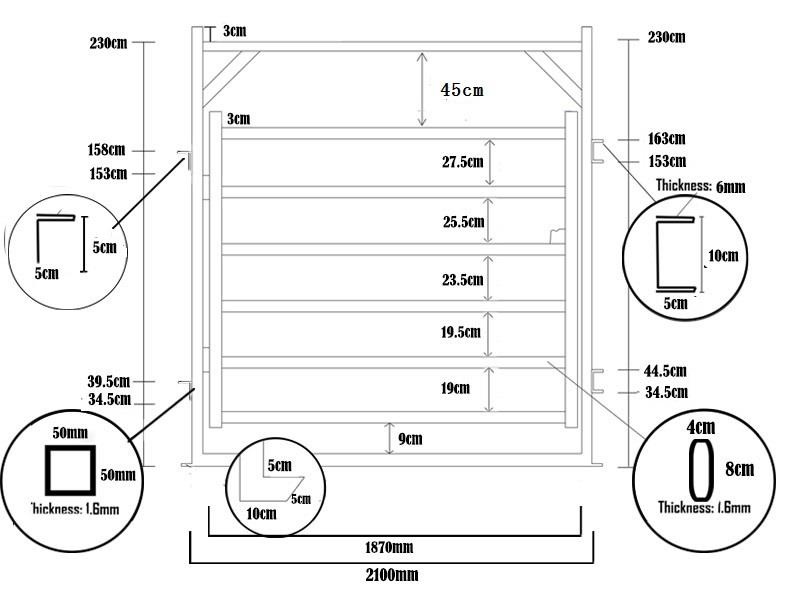 Detailed dimensional drawing of a horse yard panel, showing measurements and specifications.