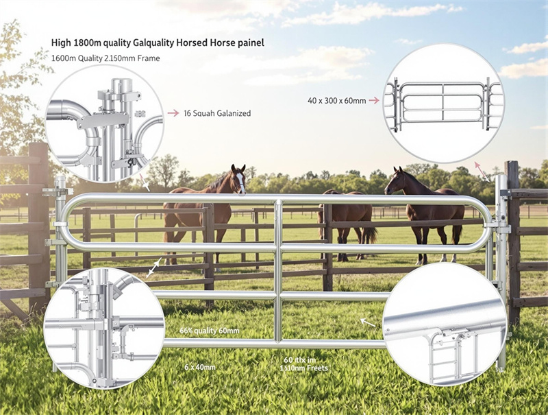 An infographic detailing the specifications of a high-quality galvanized horse panel, with horses in the background and various measurements highlighted.