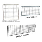 A grid showing various sizes of galvanized farm gates, including 4ft, 6ft, 8ft, 10ft, 12ft, 14ft, and 16ft options for diverse applications.