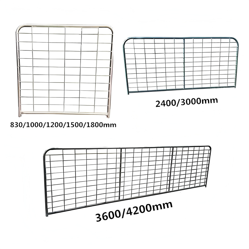 A grid showing various sizes of galvanized farm gates, including 4ft, 6ft, 8ft, 10ft, 12ft, 14ft, and 16ft options for diverse applications.