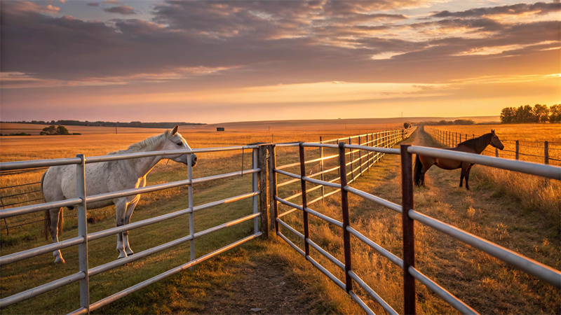 Two horses by a horse yard at sunset, showcasing a serene farm environment.