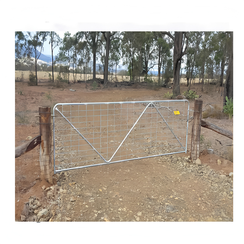 A metal farm gate with diagonal bracing installed at a rural entryway, surrounded by trees and open land, providing access to a dirt path.