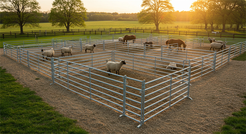 A scenic view of a sheep pen at sunset, featuring galvanized panels and sheep grazing peacefully alongside horses in a large outdoor field.