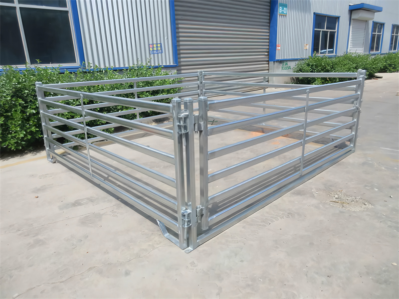 Close-up view of a portable sheep yard panel ready for assembly, featuring galvanized steel construction for long-lasting use.