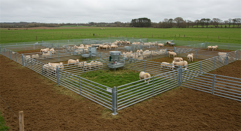 A well-structured sheep pen with feeding stations, surrounded by high-quality galvanized fence panels for safety and accessibility.