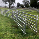 Galvanized sheep fence panels arranged in a corral setting, showcasing their robust construction and versatility on a grassy area.