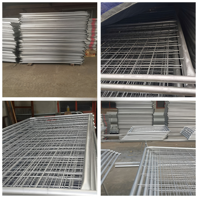 Multiple stacked metal gates in a warehouse, showing organized storage and packaging.