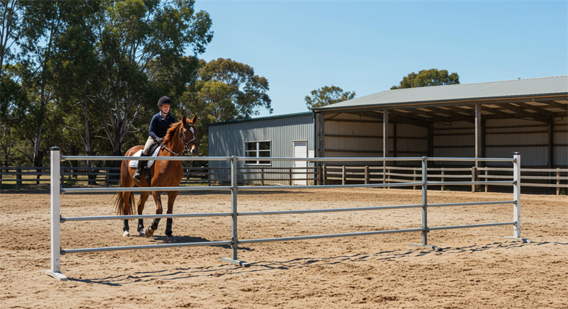 A rider is training in front of horse panels.