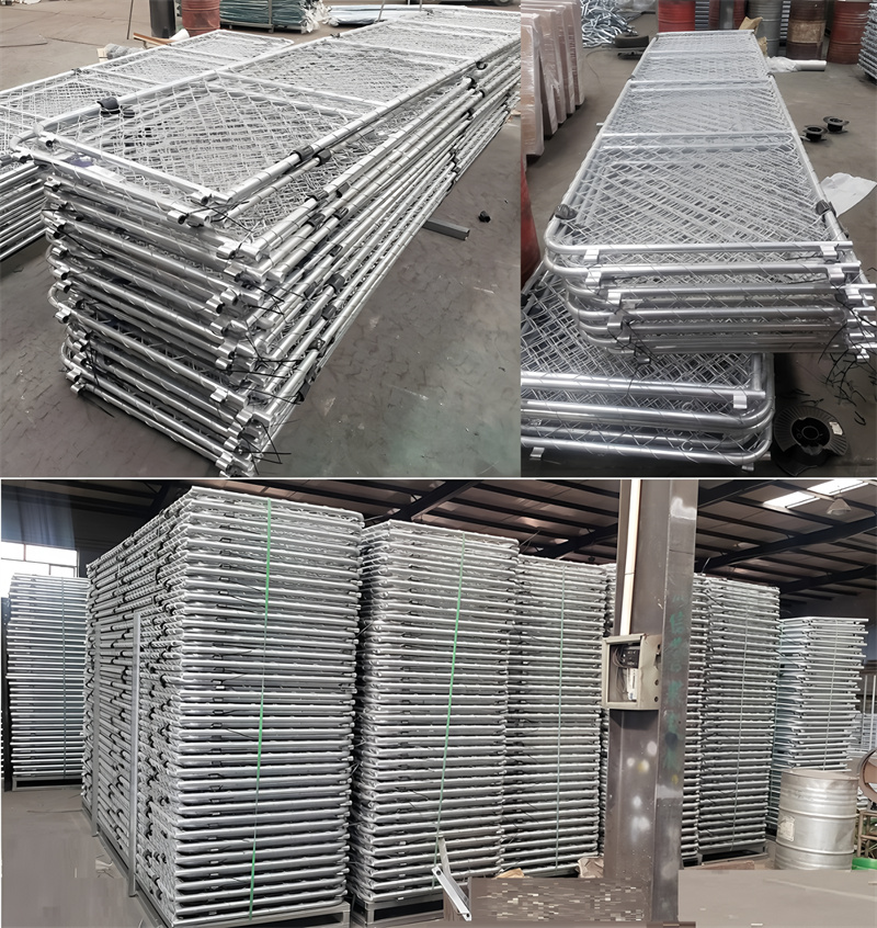 Images depicting stacked galvanized chain link gates in a warehouse, showcasing efficient storage and organization for fencing materials.