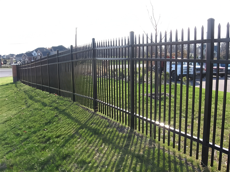 Black steel fence installed alongside a lawn, capturing the aesthetic appeal and structure of a residential perimeter.