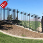Promotional image of a steel picket fence on a slope, featuring a discount tag to attract potential buyers.