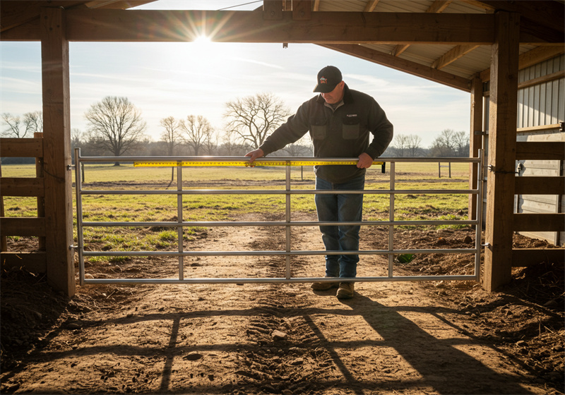 Measuring the width and height of a farm entrance to ensure a perfect fit for the gate.