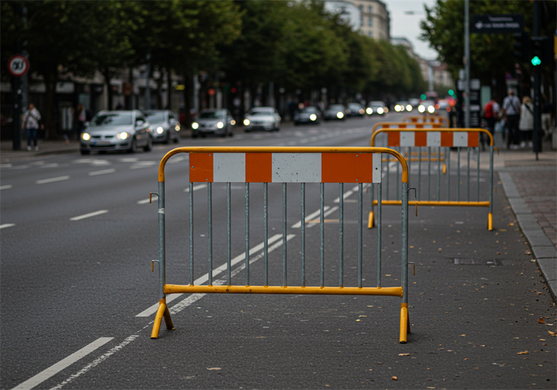 Steel barricades with orange and white stripes positioned on a busy road, directing traffic and ensuring pedestrian safety during an event.