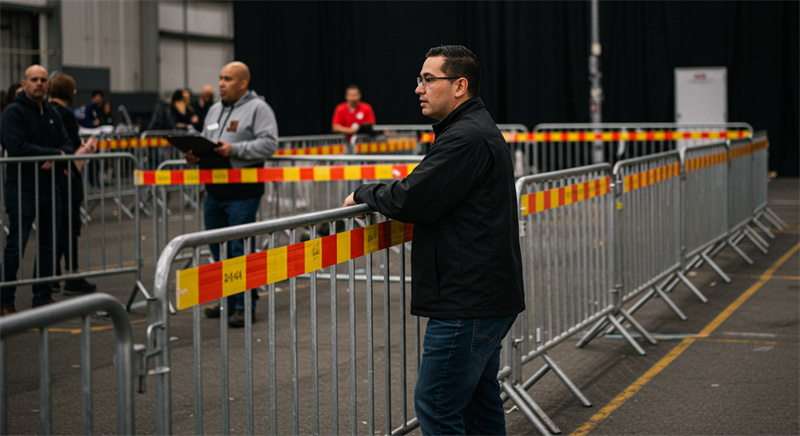 Crowd control barriers set up at an event, providing a designated area for attendees and helping maintain order during the proceedings.