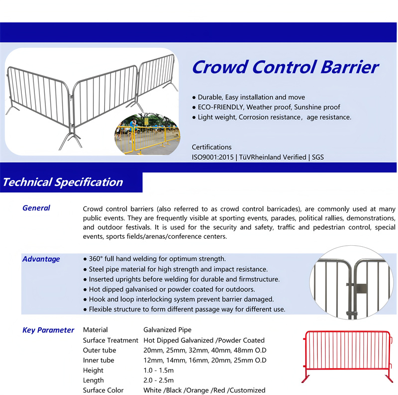 A technical specification sheet for crowd control barriers, detailing their features, advantages, and dimensions for effective crowd management.