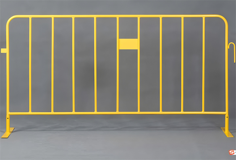 Yellow powder-coated crowd control barrier with a durable flat foot base, designed for high visibility and long-term use.