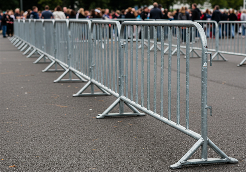 An aerial view of numerous metal barriers set up in a zigzag pattern on grass, indicating a waiting area for a large event.