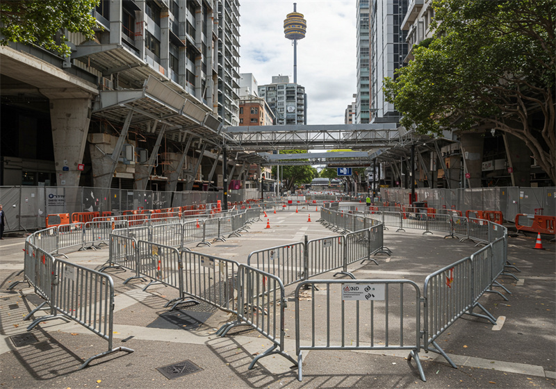 A view of a city street with a complex arrangement of steel crowd control barriers, directing pedestrian traffic and maintaining safety during construction activities, with a tower visible in the background.