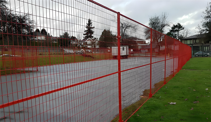 A red temporary fence set around an outdoor area, located along the edge of a sports field.