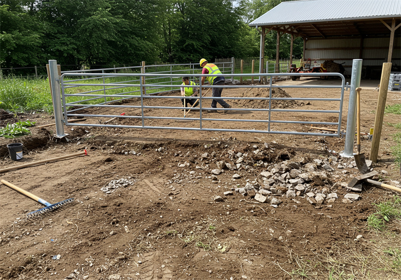 Preparing the installation site for a farm gate, demonstrating the importance of clearing and leveling the ground.