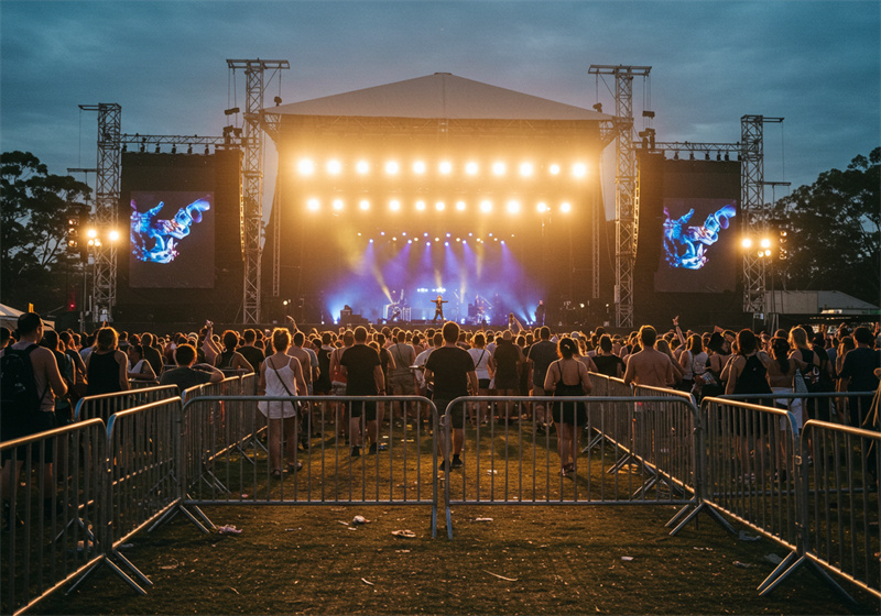 Temporary barriers used to manage crowds at an outdoor concert, ensuring safety and organization during a large-scale event.