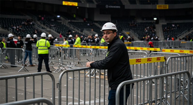 Workers setting up crowd control barricades at a large event venue, demonstrating the practical use of barriers in managing crowd flow.