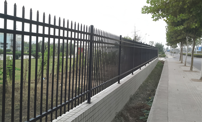 Installed black steel picket fence along a walkway, illustrating its application in a residential or commercial setting.