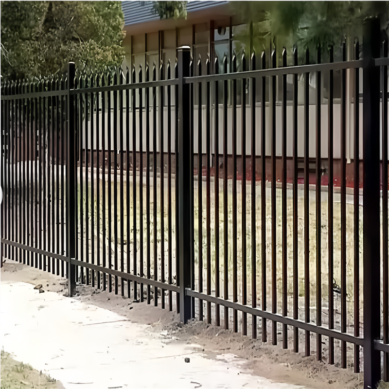 A close-up view of a garrison fence panel enhancing the security of a commercial property."