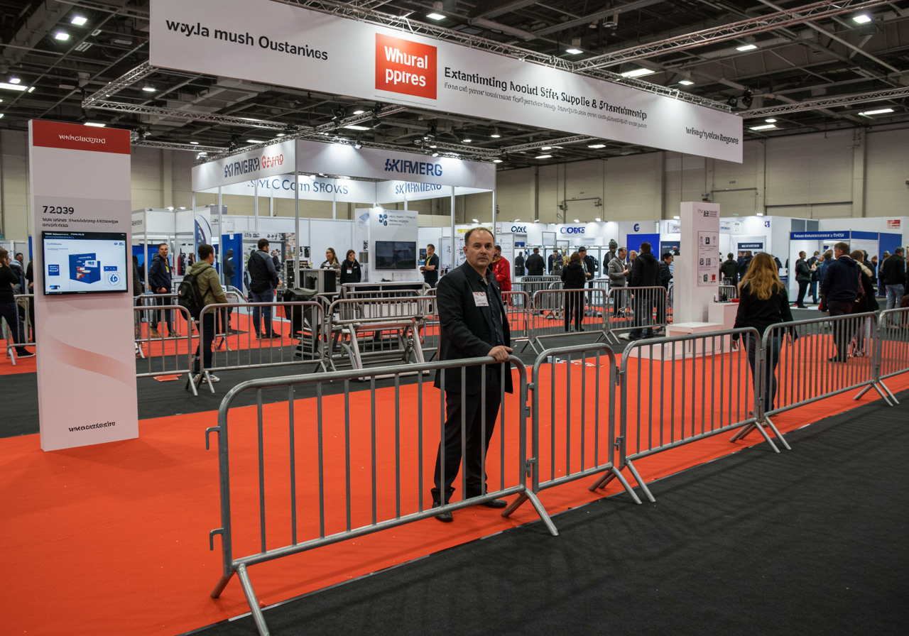 A trade show setup featuring crowd control barriers to guide attendees and create designated areas for different exhibitors.