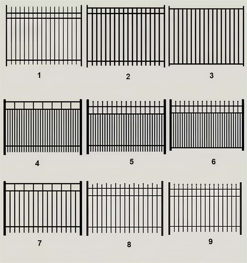 Various styles of black steel fences displayed on a neutral background.