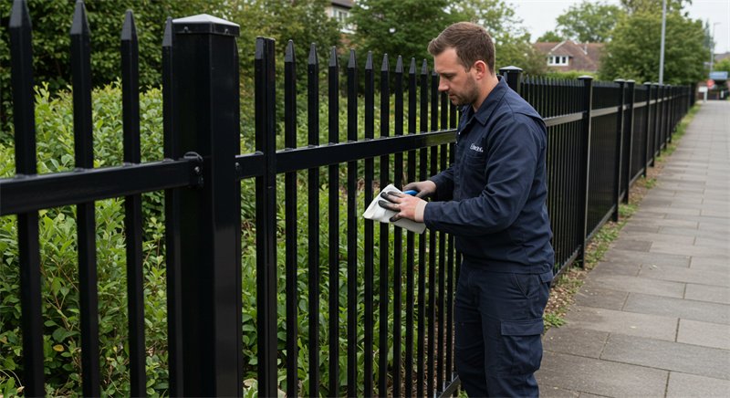 A worker conducting maintenance on a steel picket fence, demonstrating regular upkeep to ensure longevity and appearance.