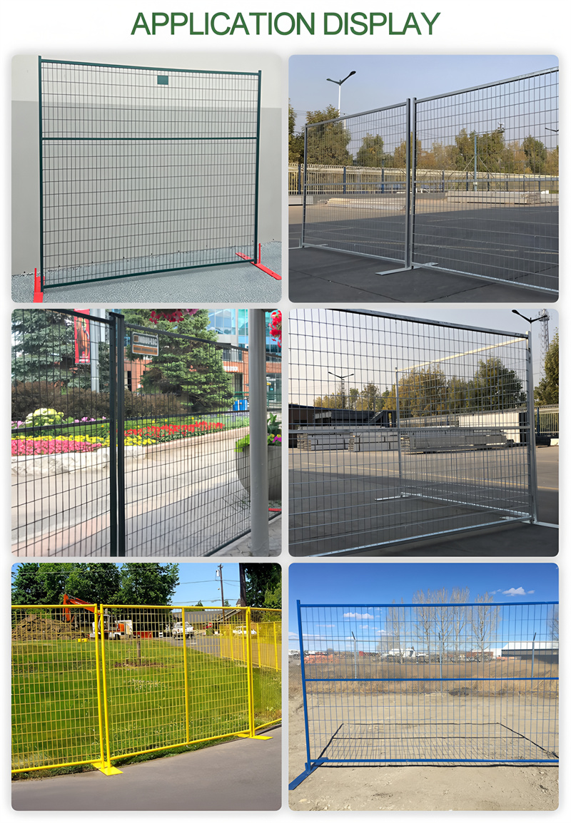 Various applications of temporary fence panels displayed in different settings, including construction and public events.