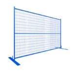 A blue wire mesh fence displayed against a white background, featuring a sturdy base for stability, ideal for temporary fencing needs.