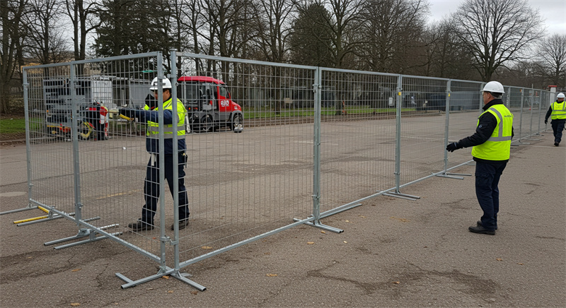 Two workers in safety vests and hard hats are seen assembling a temporary fence in a parking lot, with construction vehicles visible in the background.
