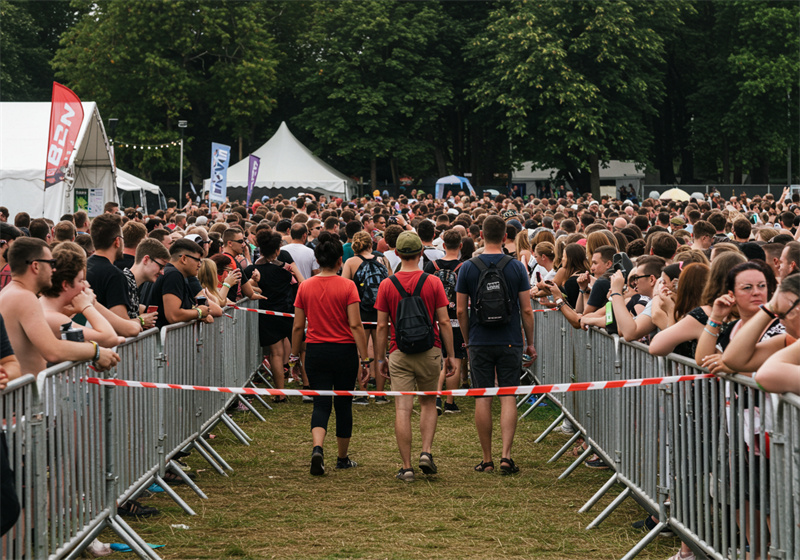 A crowded outdoor festival scene with numerous people standing behind metal barricades, with tents and trees in the background.