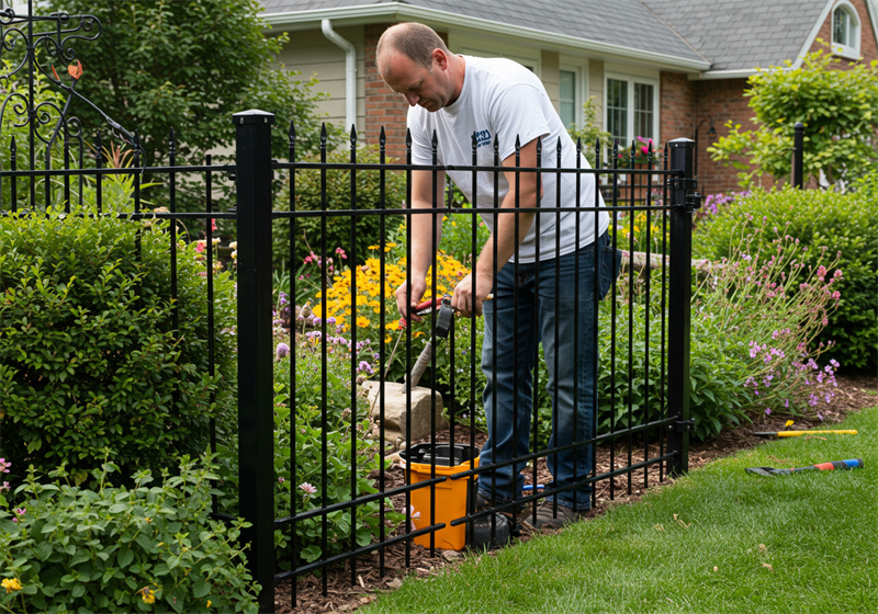 A man working in a garden, using a tool near a black metal fence surrounded by colorful flowers, with a house visible in the background.