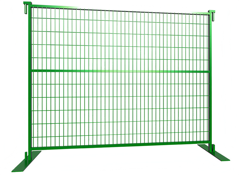 A green construction fence displayed against a plain background, featuring a grid design and sturdy base supports.