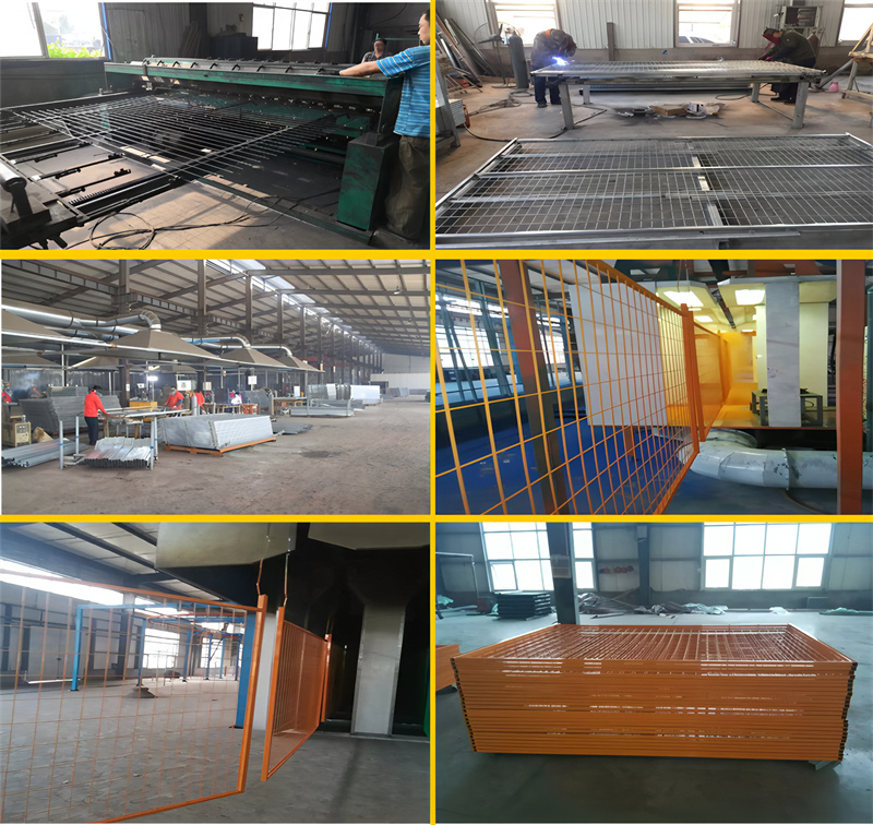 A collage of images from a manufacturing facility, showing the process of assembling and painting orange construction fences, with workers and equipment visible in the background.