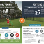 An infographic titled "SCHOOL FENING" and "FOCTKING S" compares two types of fencing. The "School Fening" side shows a child near a fence in a park-like setting with icons related to child safety, while the "Foctking S" side shows a fence with industrial buildings and icons related to security and maintenance.