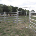 Galvanized steel livestock fence panels set up in a green pasture, featuring an open gate and modular connections.