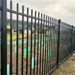 A long black metal fence with flat-top vertical pickets curves slightly, separating a newly planted garden area with small plants in green protective sleeves from a paved area. In the background, there is a modern building with dark siding and yellow window details.