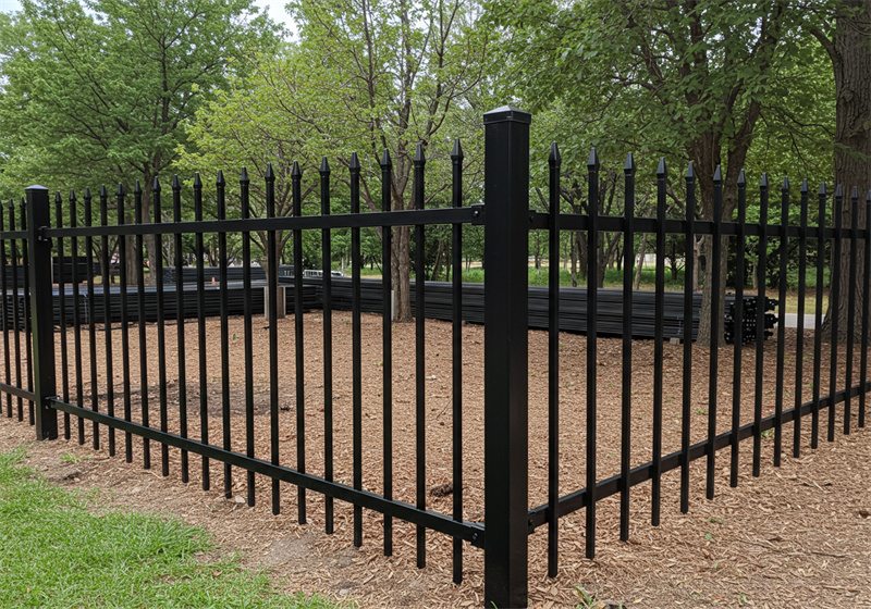 A black metal fence with pointed pickets enclosing a grassy area with trees. In the background, stacks of new fence panels are visible, indicating a recent or ongoing installation.