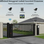 An infographic titled "Siifficirod Integrrad Aaitcd Accestrol Flæmstem" (likely "Integrated Automated Access Control System") showing a black metal sliding gate at the entrance of a property. Various icons surround the gate, representing different security and access control components such as cameras, intercoms, and sensors, indicating a comprehensive integrated system.