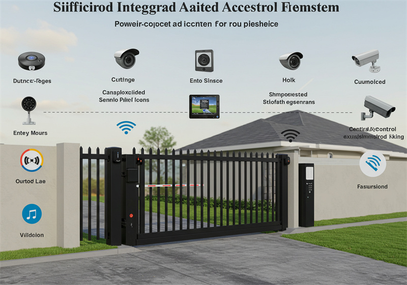 An infographic titled "Siifficirod Integrrad Aaitcd Accestrol Flæmstem" (likely "Integrated Automated Access Control System") showing a black metal sliding gate at the entrance of a property. Various icons surround the gate, representing different security and access control components such as cameras, intercoms, and sensors, indicating a comprehensive integrated system.
